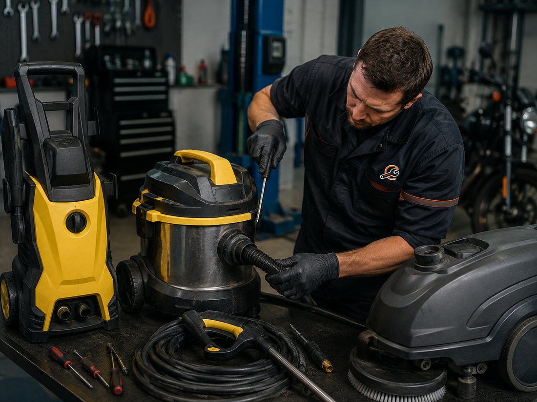 Illustrative technician servicing cleaning machines in a workshop