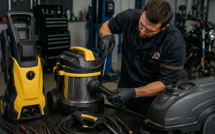 Technician servicing cleaning equipment