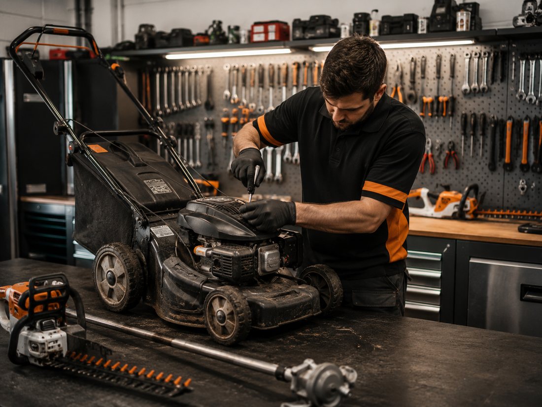 Illustrative garden machinery and lawn mower repair in a workshop