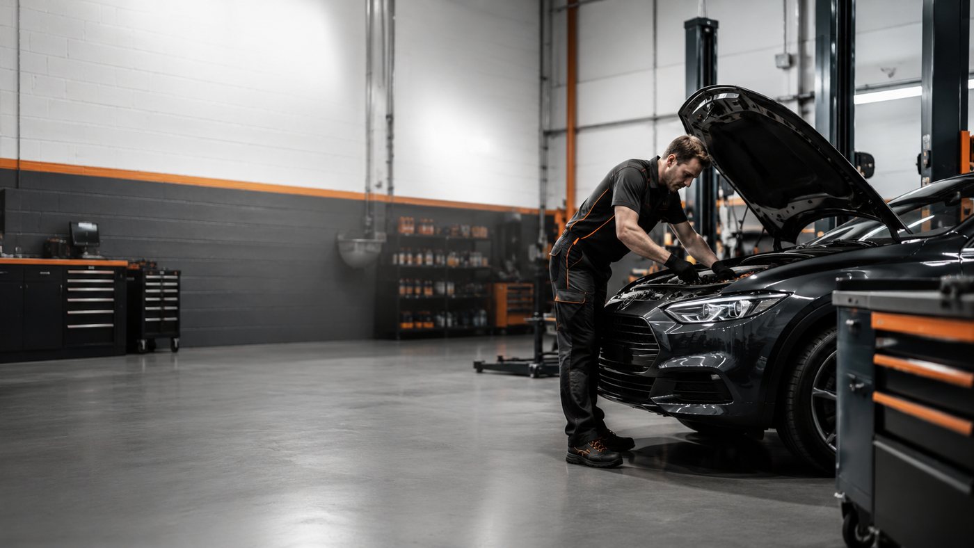 Illustrative mechanic working on a vehicle in a professional repair workshop