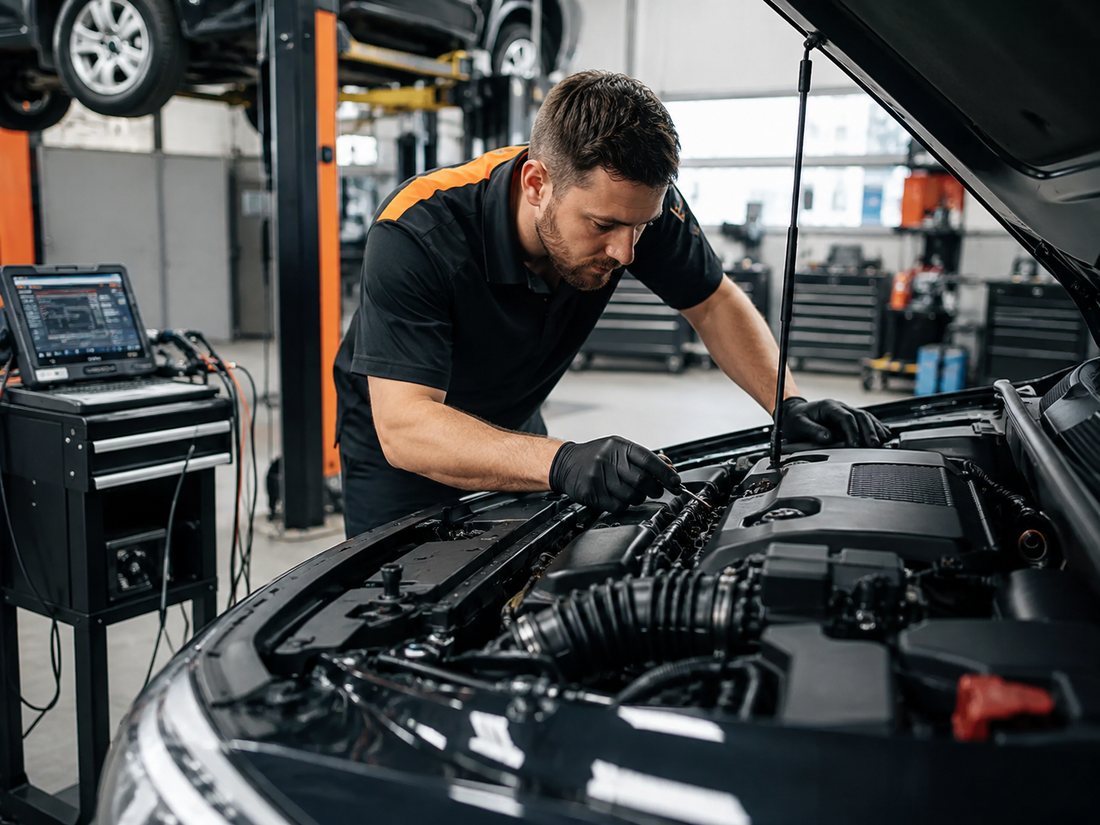 Illustrative mechanic inspecting a modern vehicle in a workshop